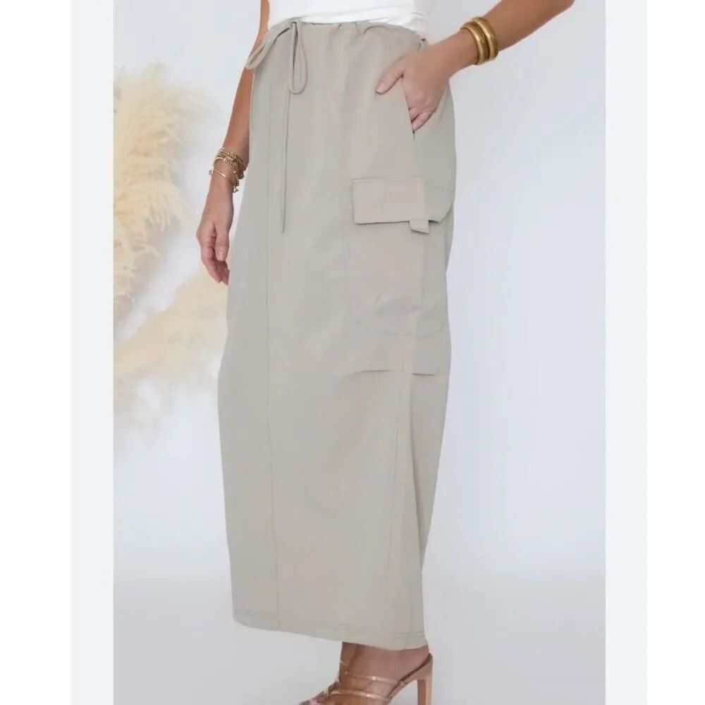 EMERSON LANG | NWT Gray Silver Cargo Pocket Skirt Silky Maxi Drawstring | XL